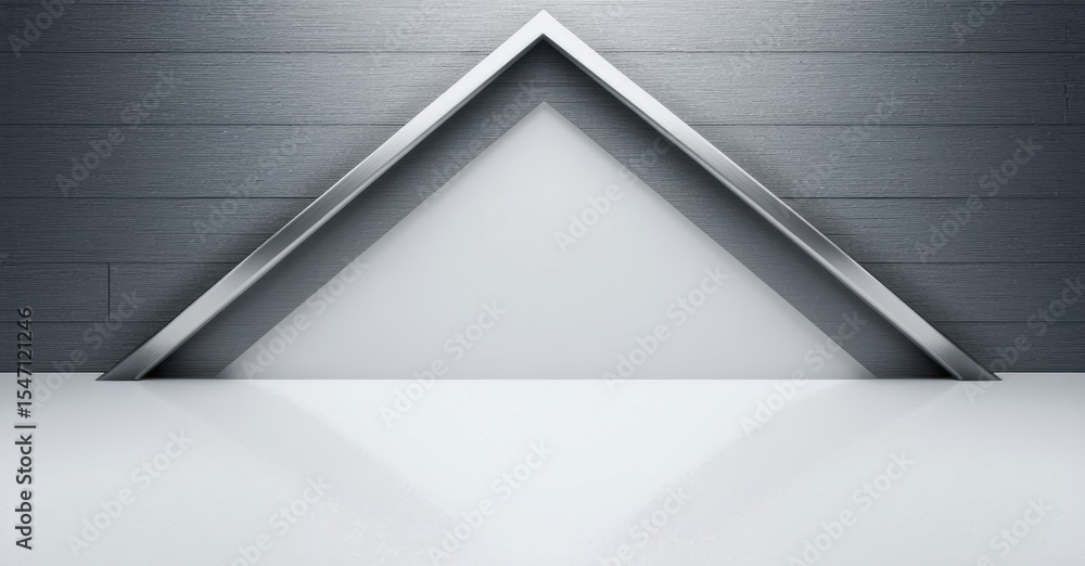 Poster Minimalist design features triangular shape, light source, dark background. Clean lines create modern aesthetic, simple geometry.