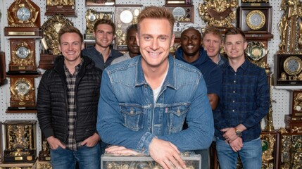 Triumphant Team Amidst a Trophy Display: A close-knit group of individuals, exuding pride and accomplishment, stands confidently amidst a vast collection of trophies.