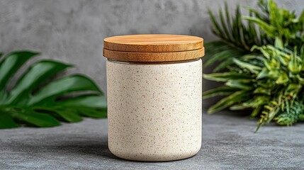 Cream-colored speckled canister with a wooden lid.