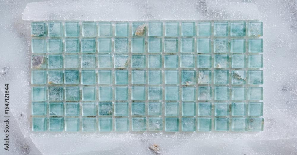 Aufkleber Rectangular mosaic tile sheet. Light blue glass squares with subtle variations, mounted on mesh backing. Marble surface visible around edges.