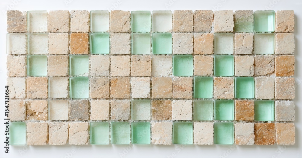 Poster rectangular mosaic pattern. beige, green glass squares create textured surface. clean lines, neutral