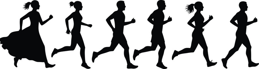 Silhouette Runners Vector Graphic, Man and Woman Jogging Clipart, Running People Illustration, Fitness and Exercise Concept Art, Group Running Silhouettes for Health and Sports