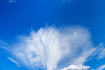 A stunning view of a vibrant blue sky with delicate, wispy clouds. The clouds contrast beautifully...