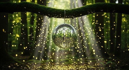 A whimsical disco ball hangs from a mossy branch in a magical forest, creating a playful party atmosphere with sparkling fairy lights. A nature disco!