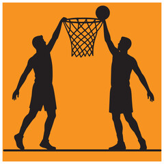 Silhouetted basketball players action shot dunking the ball in orange background
