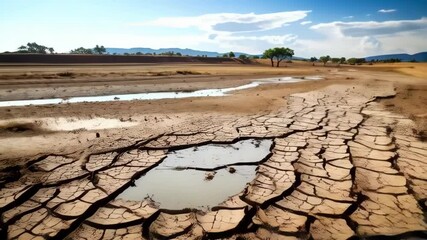 Cracked earth in a barren landscape, drought and climate change concept, dry riverbed with distant hills, bright blue sky and scattered clouds - Powered by Adobe