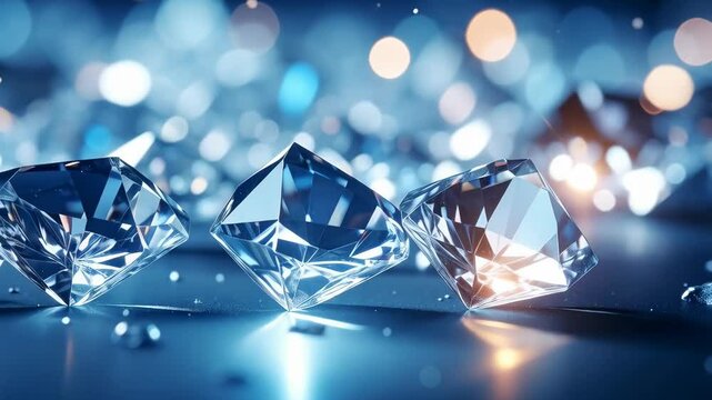 Three clear blue gemstone cut crystals on a reflective surface against a soft focus glowing bokeh background