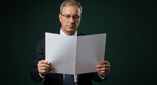 Senior businessman intently reviewing document in dark corporate studio