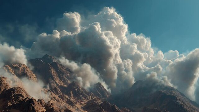 Towering cumulus clouds billow dramatically over rugged Mount Sinai under a deep blue sky, captured in a panning shot with cinematic depth and crisp contrast. From Exodus in the Bible.