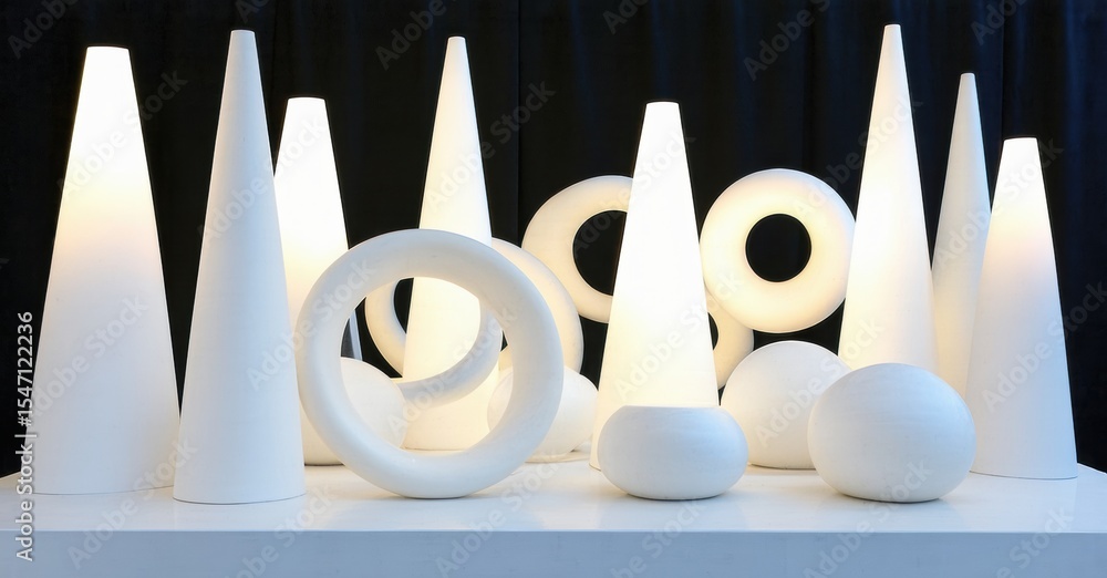 Poster white geometric forms displayed on shelf. minimalist composition, clean lines, soft lighting creates