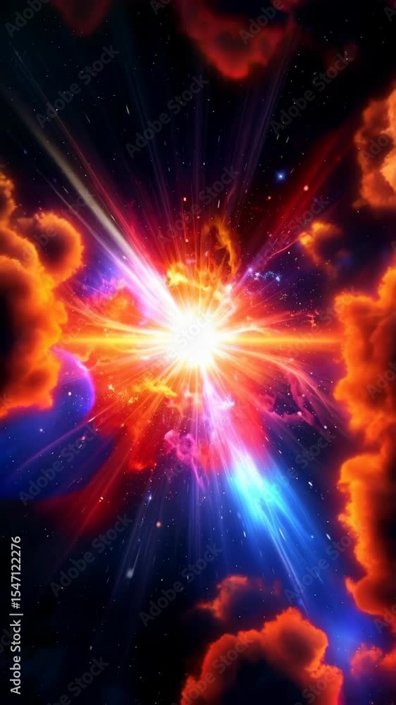 Poster vibrant colorful blast of light energy and nebulae emanating from a central cosmic source in deep sp