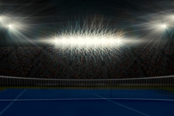 Digitally generated image of blue tennis court illuminate by spotlight