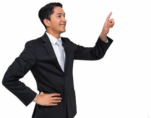 Smiling asian businessman pointing