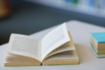 Flat design open paperback book is resting on tabletop with colorful book stack, blurred bookshelf