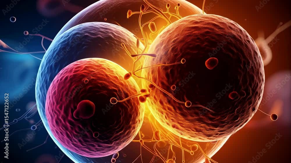 Poster abstract microscopic view featuring multiple cells, cellular structures, and reproductive elements o