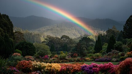 Obraz premium A Bright Rainbow Stretching Over A Flower Garden