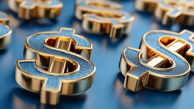 Blue and Gold Dollar Signs: Close-up view of several blue and gold dollar signs scattered on a blue surface, creating a visually striking image related to wealth and finance.