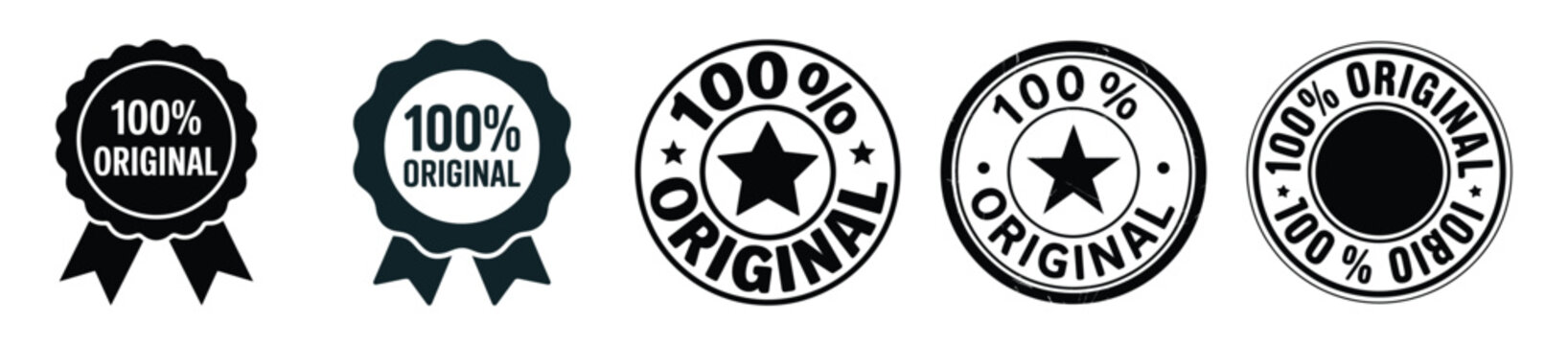 Five 100 percent original badges isolated on white background