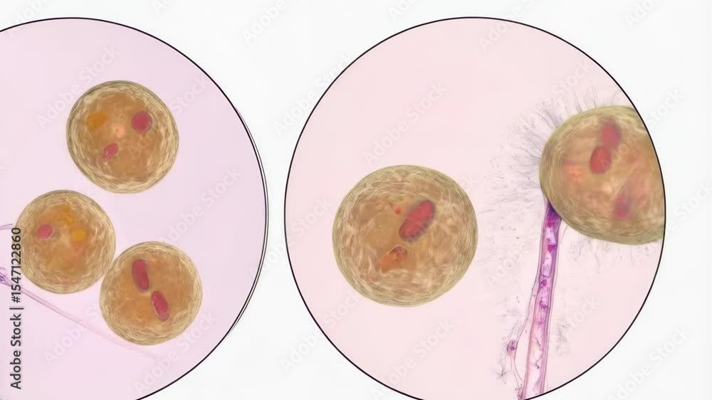 Poster microscopic view of microscopic spores displaying their detailed structures and connections between 
