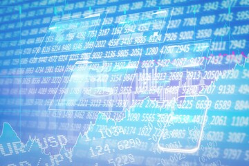 Floating translucent phones on blue UI showing scrolling tickers, charts, candlestick bars, grid