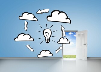 Brainstorm on blue wall with open door