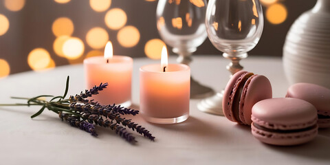 Soft pink candles on a table with lavender, macarons