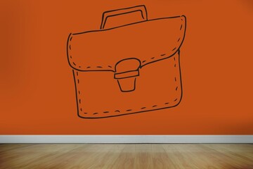 Minimalist room is featuring flat design briefcase graphic on orange wall over hardwood flooring