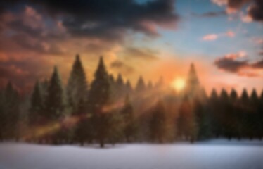 Row of evergreen trees is standing on snow clearing in flat design, with glowing sunset clouds