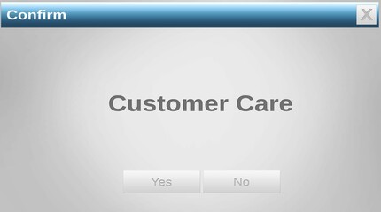 Image of confirm and customer care text with yes and no buttons, on website window, with copy space