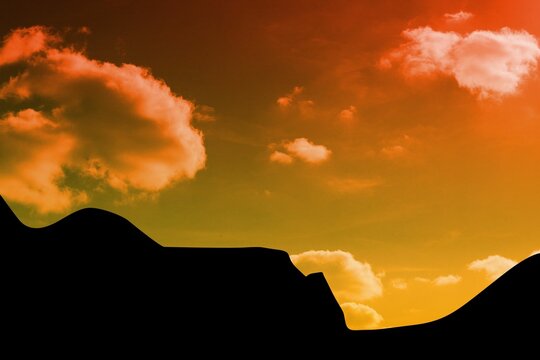 Fototapeta Silhouette of dunes is being shown in flat design desert featuring gradient sky and fluffy clouds