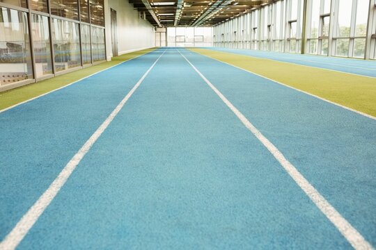 Fototapeta Three blue lined lanes are stretching across gym under beams, lights, flanking glass walls, turf