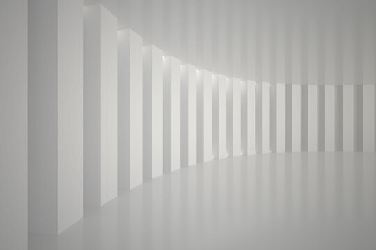 White rectangular columns are forming curved arc in flat design with reflective floor and lighting