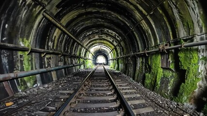 A long, abandoned railway tunnel with moss-covered walls, leading to a bright exit in the distance - Powered by Adobe