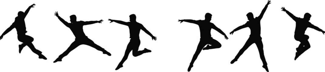 Silhouette of Male Dancers in Jumping Poses, Contemporary Dance Movement, Expressive Artistic Motion, Ballet Style Performance, Vector Illustration for Performing Arts, Graceful Dynamic Pose Clipart