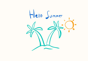 A minimalist and artistic line drawing depicts a serene tropical sunset or sunrise scene.