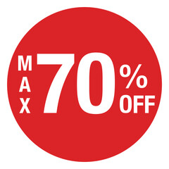 ”MAX70％OFF ”の文字入り　円形のイラスト　赤色　白文字　背景透過
