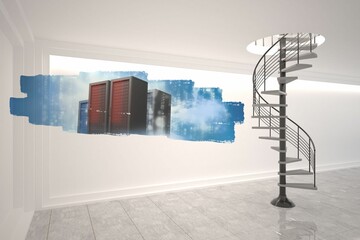 Abstract screen in room showing server towers