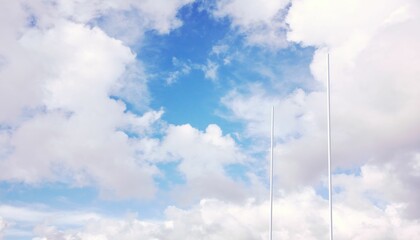Pair of tall white poles are rising against wide cloudy sky in vector flat design illustration