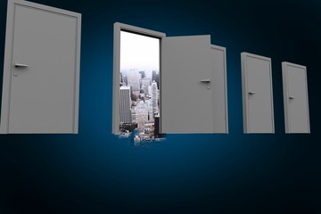 Digital image of doors in a row with cityscape