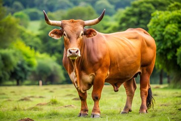 Red Brahman bull standing in a lush green pasture, summer day