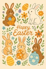 Cute Easter Bunnies and Eggs Illustration