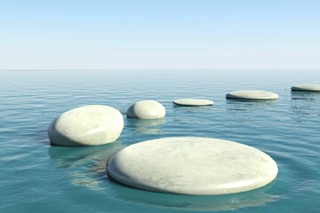 Flat design smooth circular stones are floating on calm blue water under clear pale sky