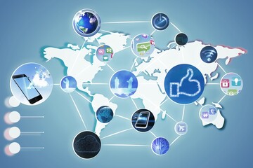 Flat network graphic is showing world map connecting smartphone globe icons on light blue gradient