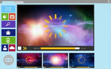 Digitally generated image of various video and icons displayed