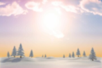 Glowing sun is shining through pastel clouds over flat design snowy hills with pine trees