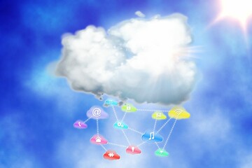 Central white cloud icon is connecting colorful cloud symbols in flat design sky with sun flare