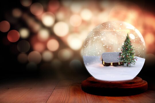 Christmas tree and house in snow globe