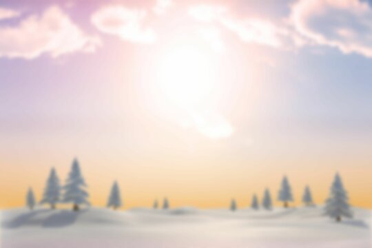 Fototapeta Glowing sun is shining through pastel clouds over flat design snowy hills with pine trees