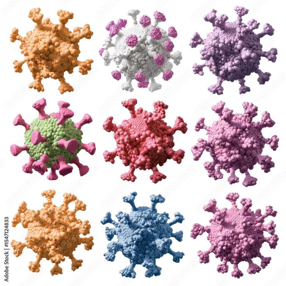Poster colorful representation of unique virus models in various shapes and sizes