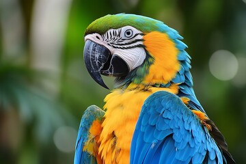 Obraz premium Colorful Macaw Parrot Portrait with Detailed Feathers and Tropical Background